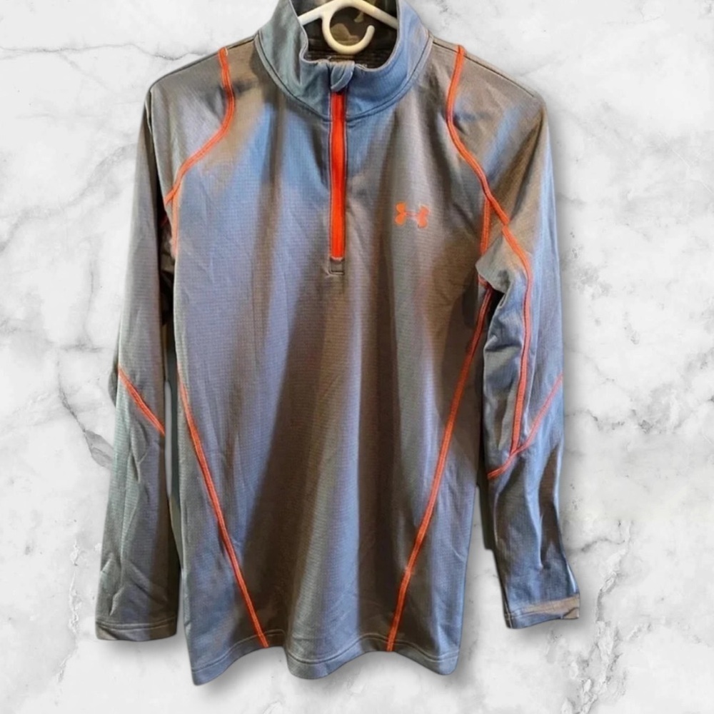 UNDER ARMOUR EUC MENS GRAY ORANGE SHIRT TOP TOPS ATHLETIC ACTIVE SIZE SM SMALL
